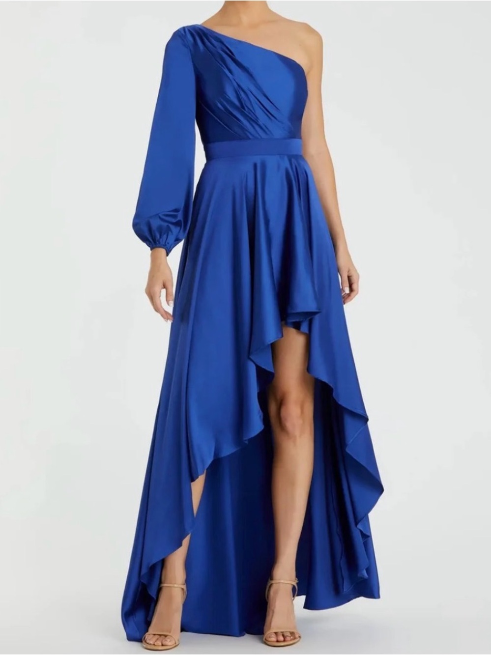 Mac Duggal Blue One-Shoulder Long Sleeve High-Low Formal Evening Gown Dress Sz 0